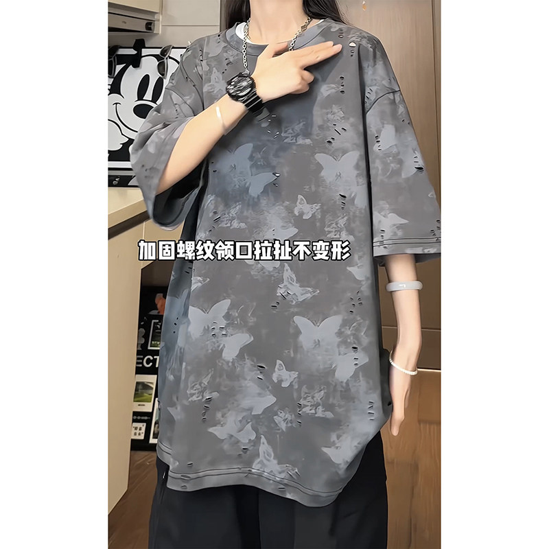 美式高街百搭款蝴蝶破洞短袖圆领纯棉休闲短袖打底衫HY556TP38,男装T恤,电商A102B