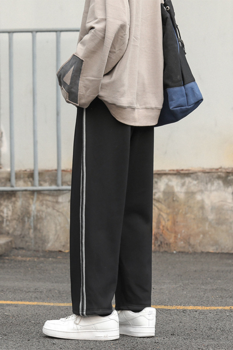 加绒侧边织带拼接运动加绒条纹撞色长裤男女宽松直筒裤K98P55控68,男装休闲裤,电商A102B