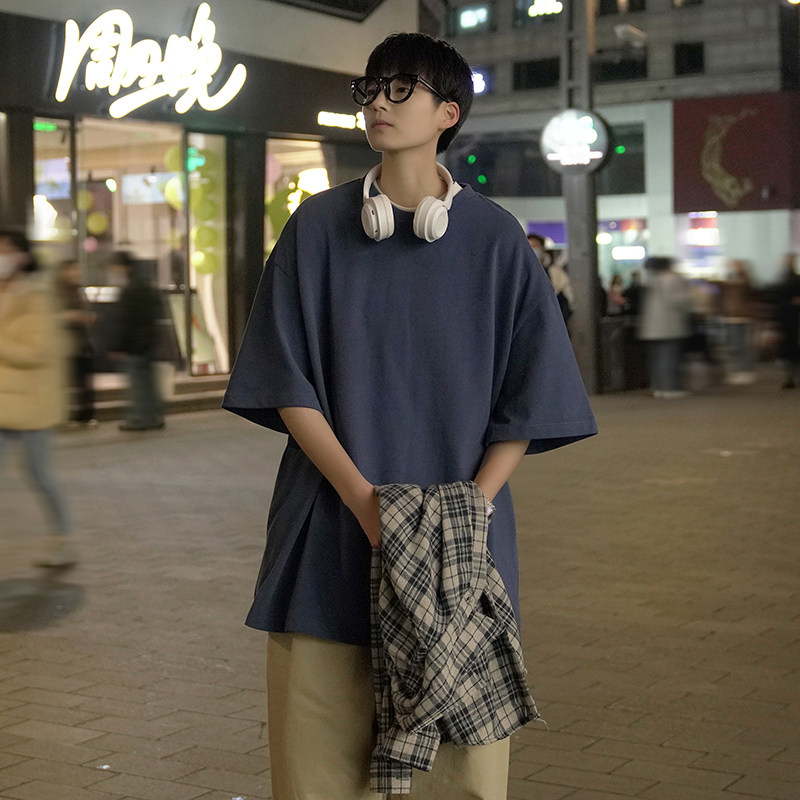 夏季2024新款ins情侣纯棉打底衫纯色宽松圆领短袖男女款HY33TP16,男装T恤,电商A102B
