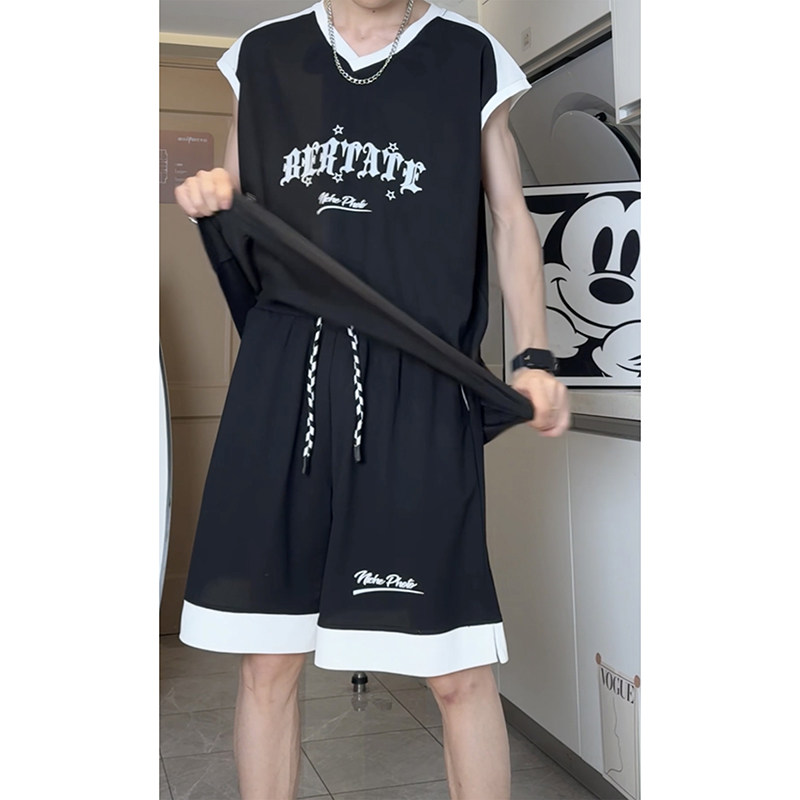 潮流无袖宽松休闲运动服oversize美式外穿篮球运动服套装T13TP55,男装衬衫,电商A102B