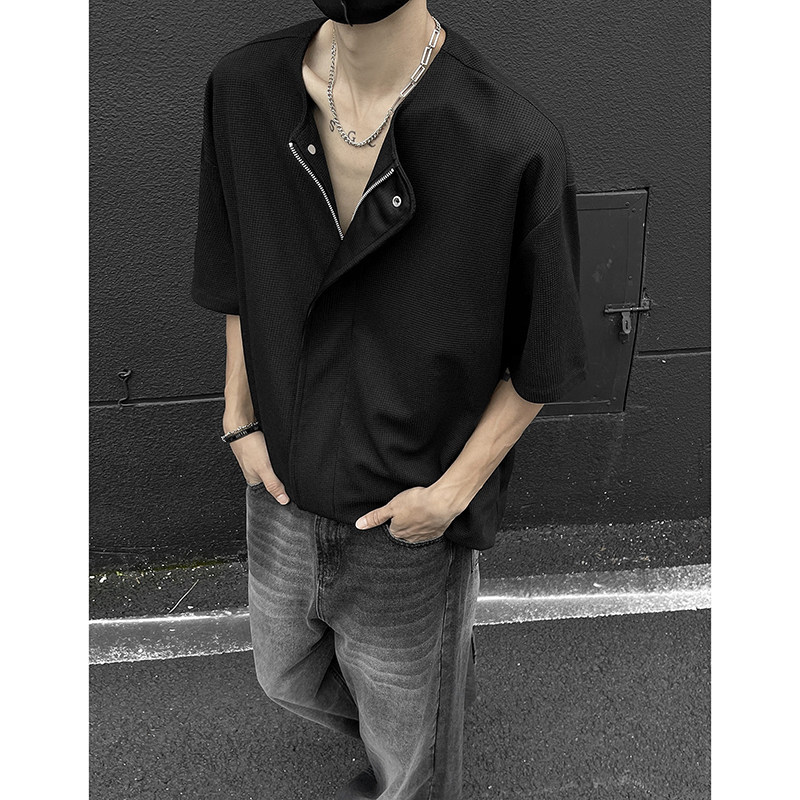 韩版夏季小众纯色开衫衬衣短袖t恤衫宽松外套衬衫HY537TP38控59,男装T恤,电商A102B
