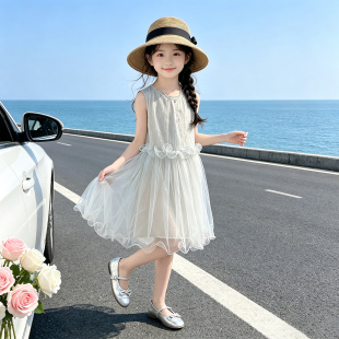 女童网纱公主裙夏季新款洋气无袖连衣裙中裙中大童女孩蓬蓬裙新款