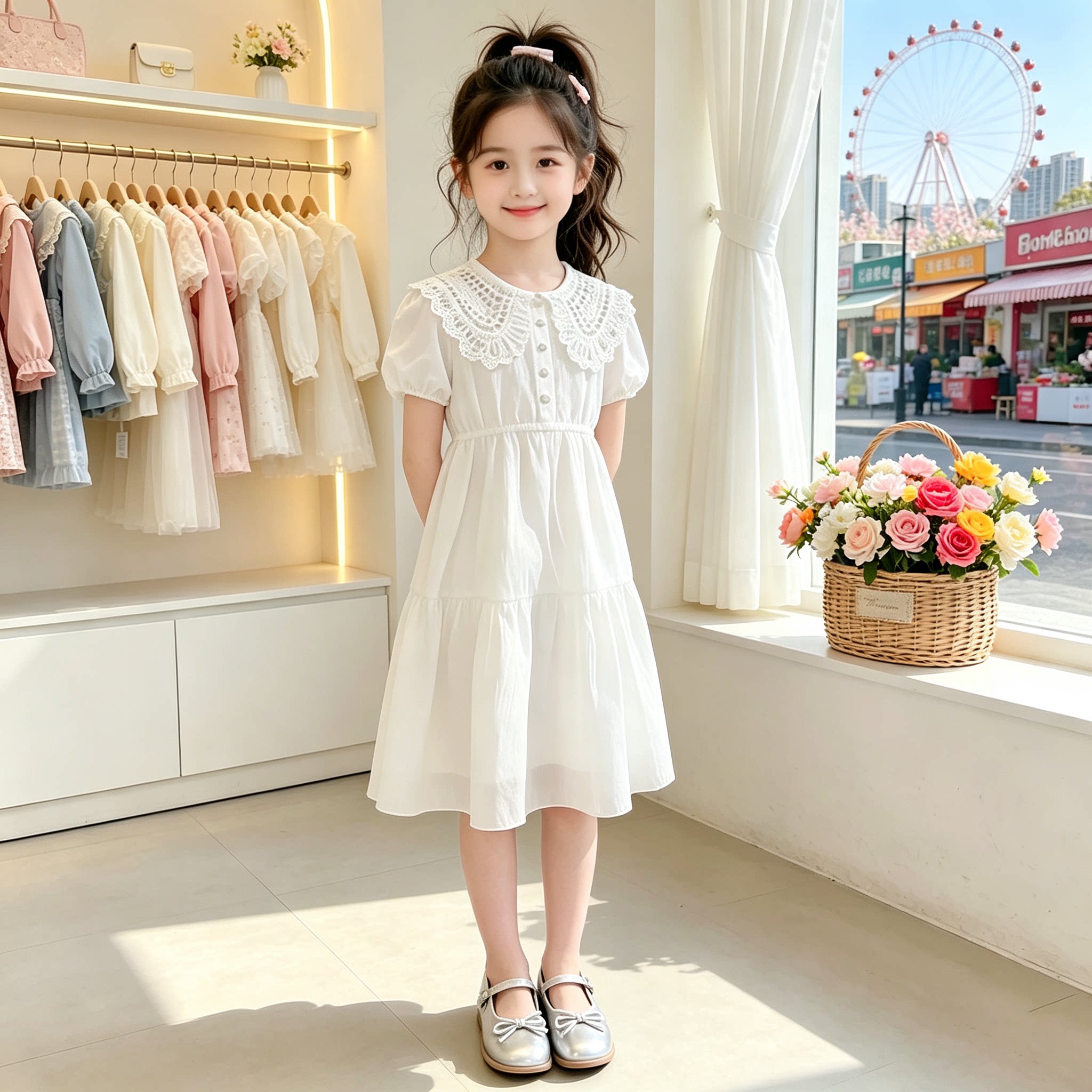 女童夏装公主连衣裙白色泡泡袖蕾丝领中长裙洋气儿童裙子纯色短袖