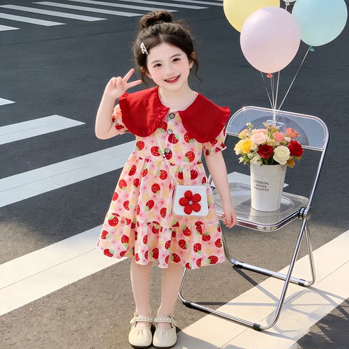 女童短袖连衣裙2026儿童夏季草莓雪纺裙子宝宝收腰娃娃领公主裙