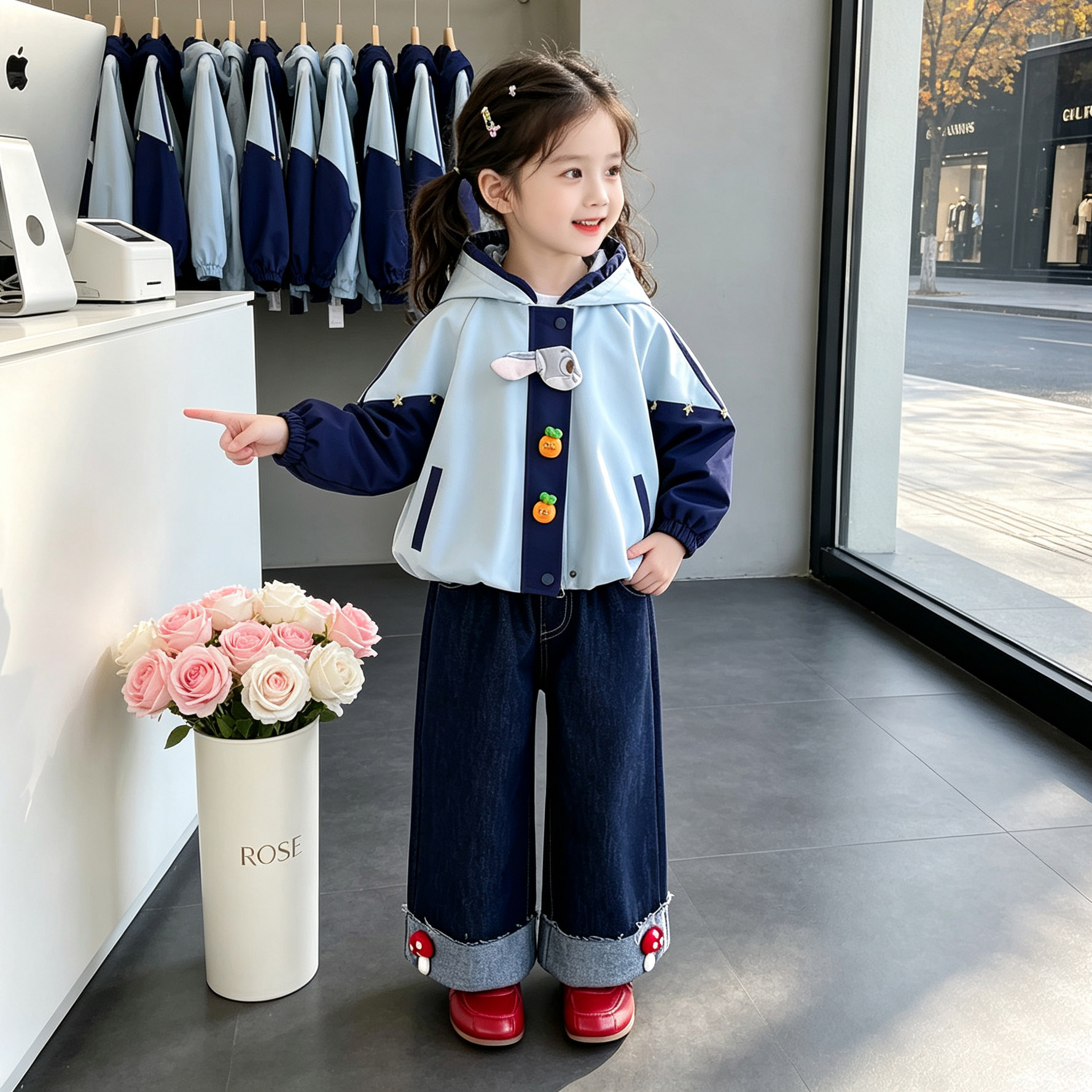 韩版女童连帽外套牛仔裤套装秋季新款宝宝上衣裤子两件套出游装