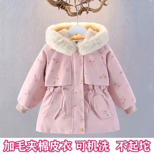 女童冬装加绒皮衣儿童新款一体棉服中长款夹棉厚外套连帽棉服棉袄