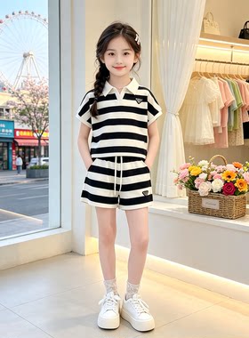 女童夏季休闲运动套装韩版洋气POLO领条纹短袖短裤两件套中大童装