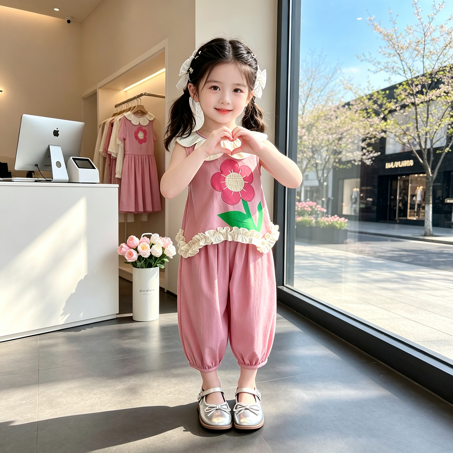 糖果风女童夏装花朵背心套装薄款两件套洋气甜美小童夏装花朵图案