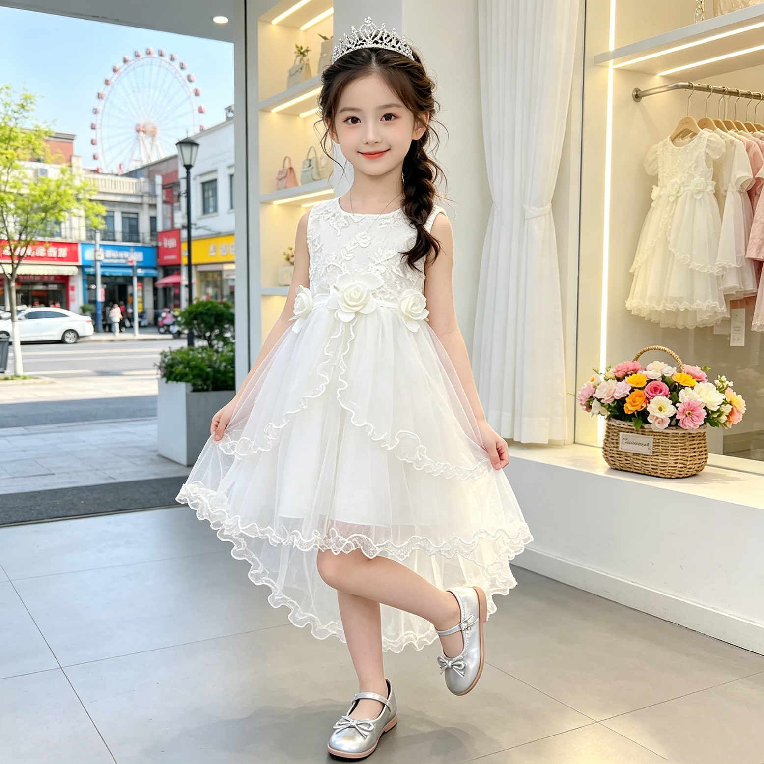 女童白色网纱连衣裙儿童夏季无袖公主裙洋气纱裙表演服舞蹈燕尾裙