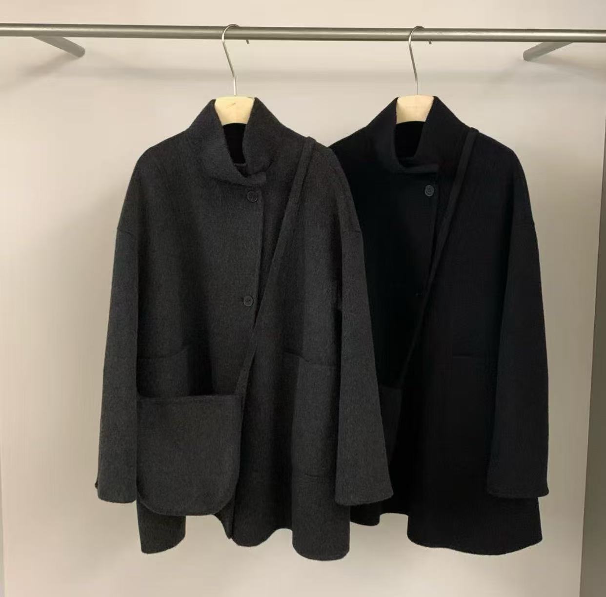 郑沅沅100%全羊毛韩系立领中长款大衣时尚气质带小包包外套12.5