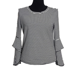 圆领不规则袖 春秋夏 口黑白条T恤上衣有弹力棉质吸汗 摩 纤衣姐姐