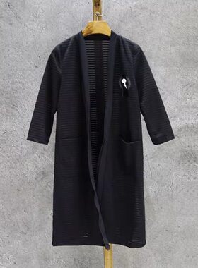 横条纹欧根大码中长款开衫外套
