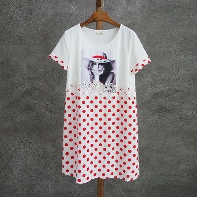 夏花边波点棉麻连衣裙宽松大码