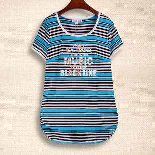 棉质T恤衫 纤衣姐姐 前短后长中长款 拼色条纹英文宽松版 上衣女 柏