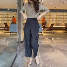 欧洲站小个子高端职业套装女2024新款秋季V领显瘦衬衫+西裤两件套