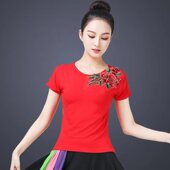 绣花舞蹈服跳舞衣夏季 新款 广场舞上衣单件女莫代尔跳舞服装 中老年