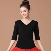 女新款 跳舞上衣中袖 短袖 广场舞服装 夏季 黑色单件跳舞衣舞蹈服成人