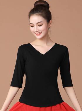 广场舞服装女新款跳舞上衣中袖短袖夏季黑色单件跳舞衣舞蹈服成人