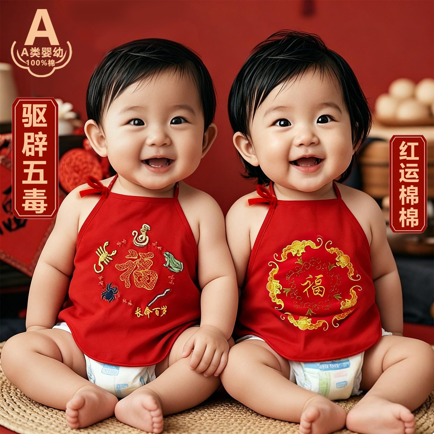 小孩a类纯棉肚兜婴新生幼儿宝宝护肚夏季薄款儿童睡觉红色全棉1岁