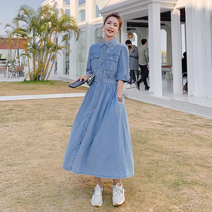 洋气减龄法式短袖牛仔连衣裙女2025夏季新款中长款收腰显瘦衬衫裙图片