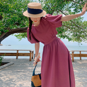 现货 夏季韩版圆领后背漏腰绑带高腰连衣裙女7518 P115控168图片