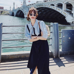 假两件拼接连衣裙女2025夏季新款法式高级感收腰显瘦气质衬衫长裙图片