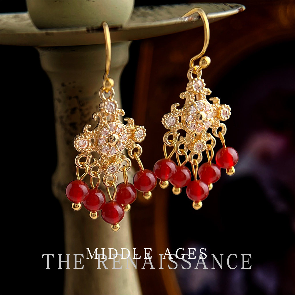 vintage中古风鸢尾花锆石红玛瑙流苏耳环复古文艺轻奢高级感耳饰