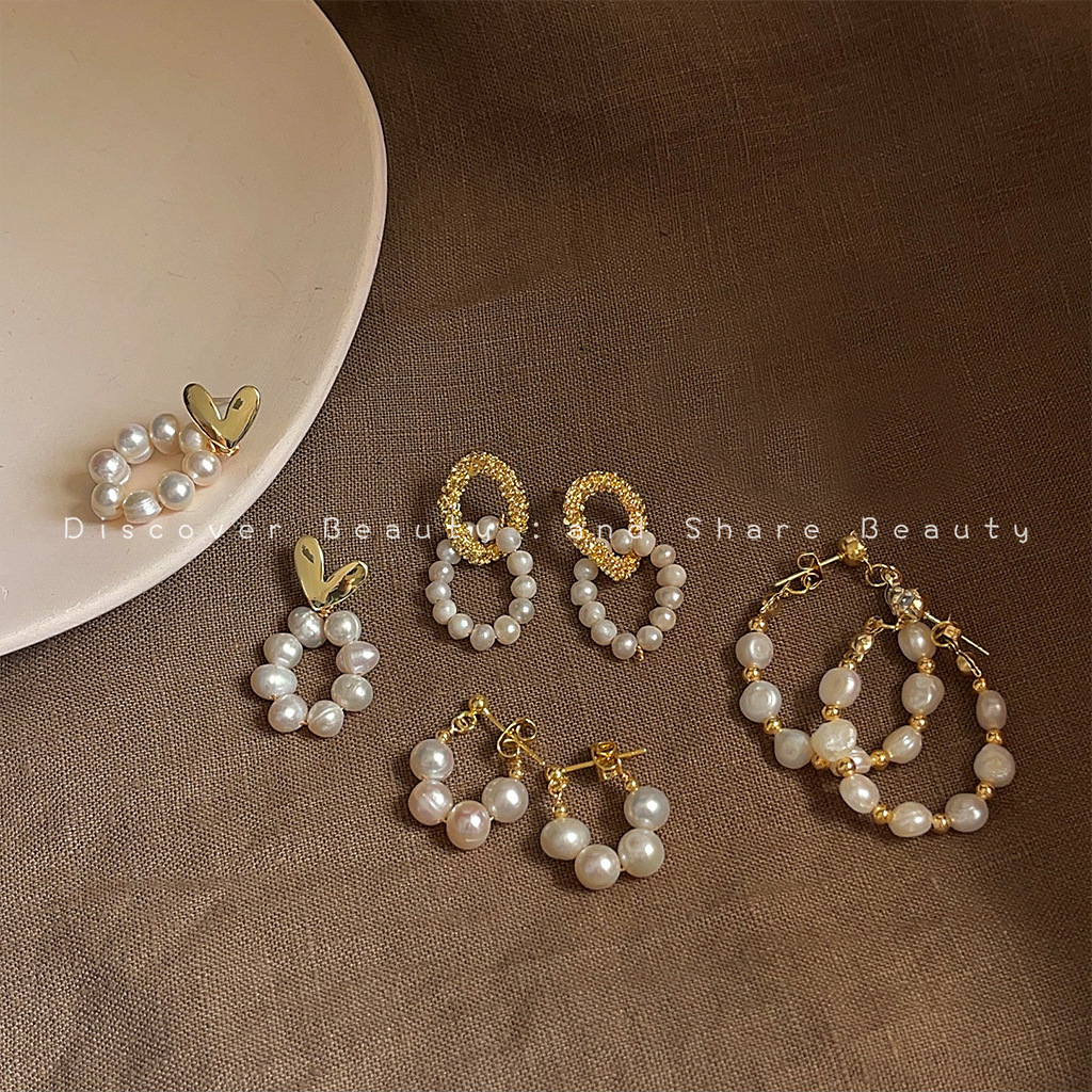 感淡水珍珠耳环女法式复古气质耳钉小众手作款时尚几何耳饰品