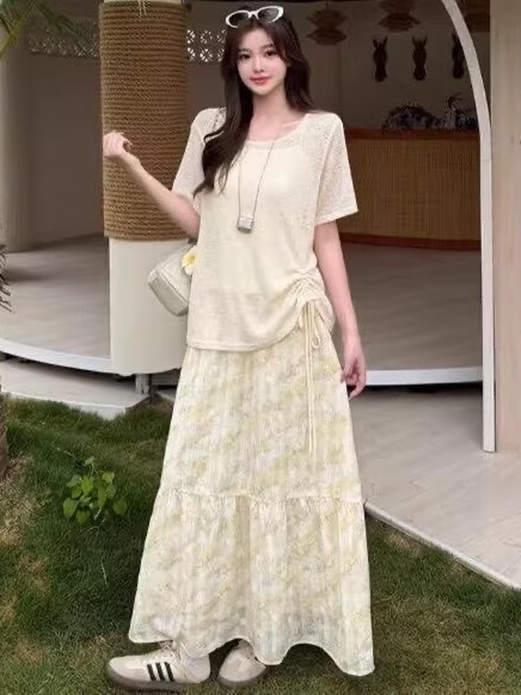 大码独特漂亮一整套氛围感洋气显瘦短袖罩衫吊带背心半裙套装女夏