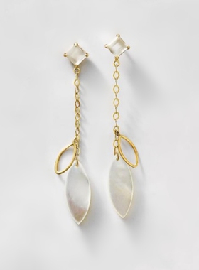 日系轻奢takeup夏 限定 白贝树叶 菱形白月光石 流苏链条纯银耳环