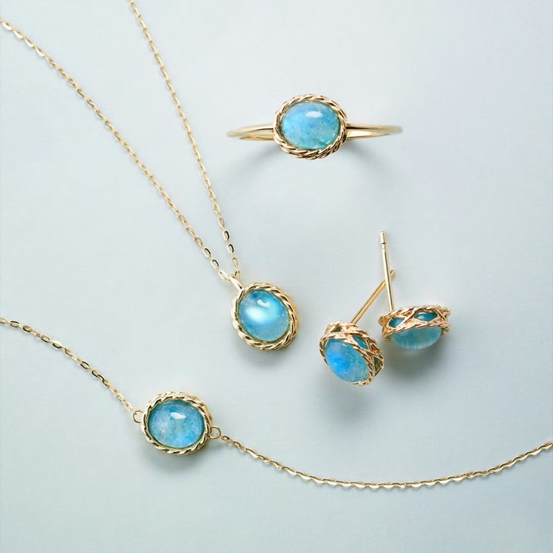 天然海蓝宝拉长石耳钉戒指项链