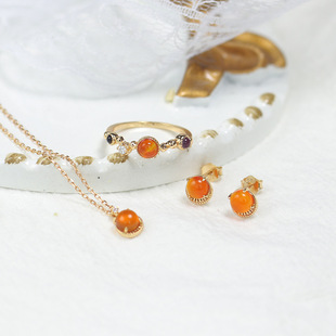 日系轻奢 复古琥珀 紫水晶 茶晶 拉长石 圆形 戒指耳钉项链