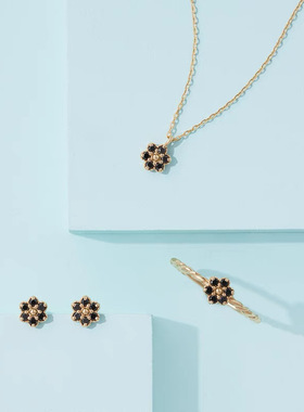 日系轻奢nojess 小雏菊 天然黑玛瑙 花朵 纯银耳钉戒指项链