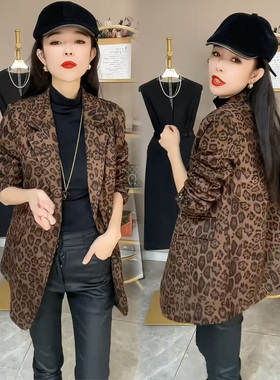 美拉德鹿皮绒西装外套女2024欧货爆款超洋气休闲豹纹西服开衫外搭