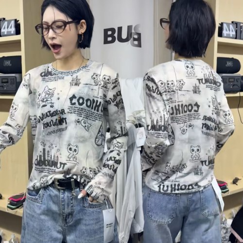 早春miu系小猫网纱T恤女