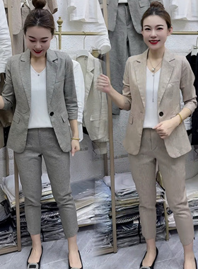 2025超火女士亚麻西装外套套装春夏新款爆款高级感春装两件套西服