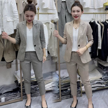 2025超火女士亚麻西装外套套装春夏新款爆款高级感春装两件套西服