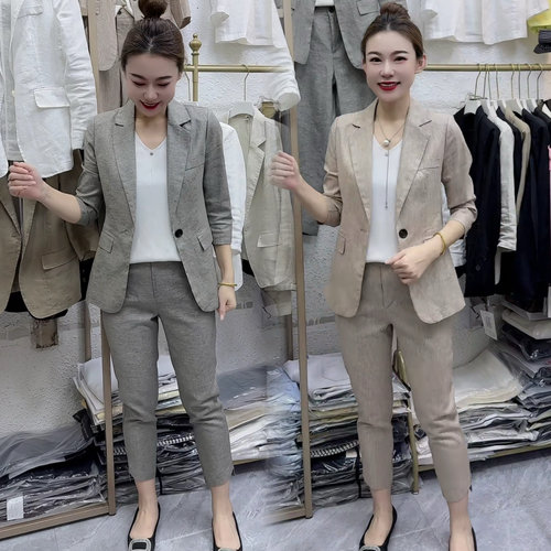 2025超火女士亚麻西装套装两件套