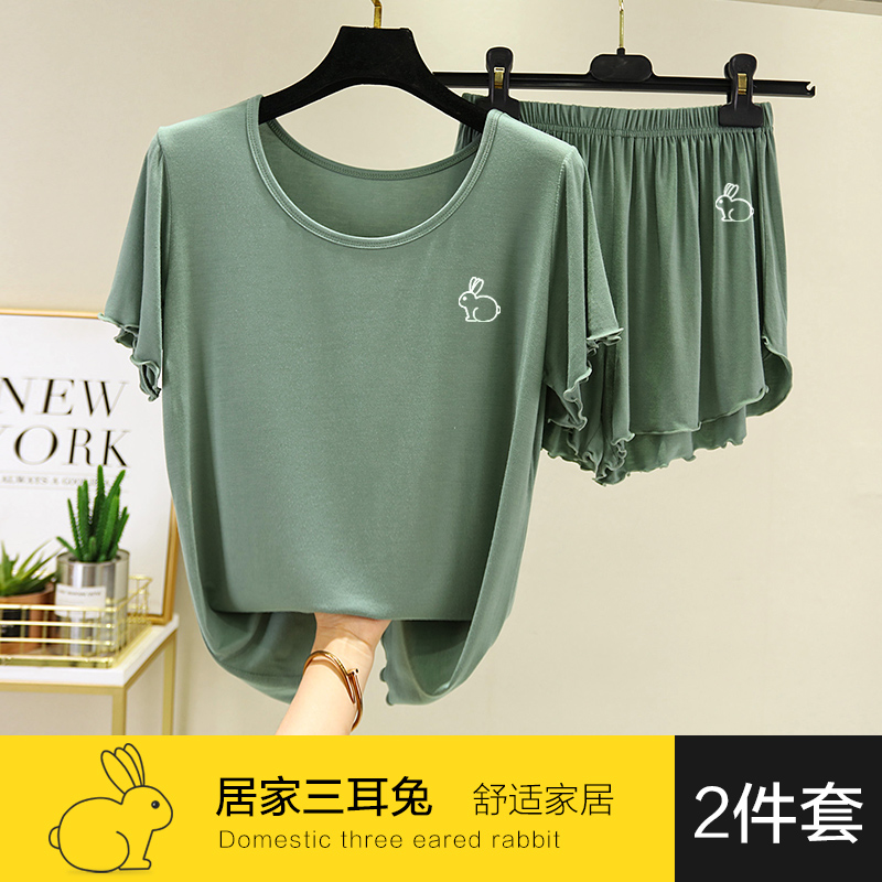 莫代尔睡衣女套装夏季薄款宽松大码春秋短裤家居服短袖T恤两件套