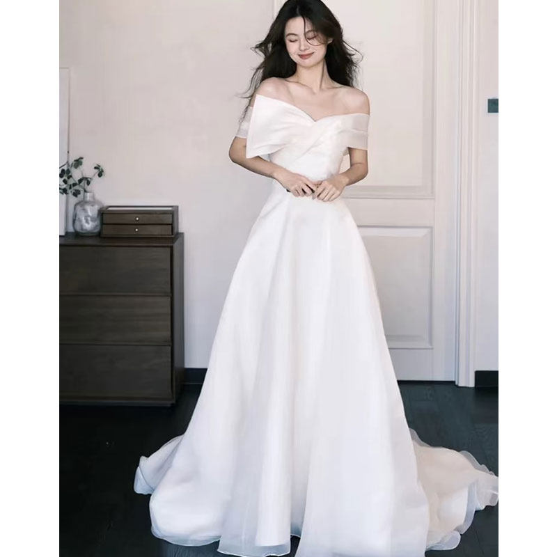 大码婚纱胖MM简约气质一字肩白婚纱