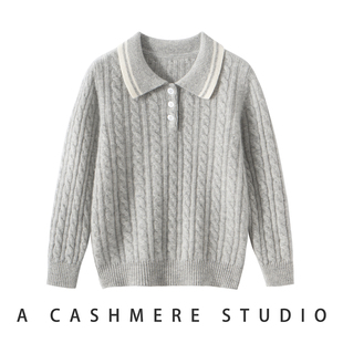 儿童半开POLO领100纯全山羊绒衫秋冬季加厚男童女童软糯打底毛衣