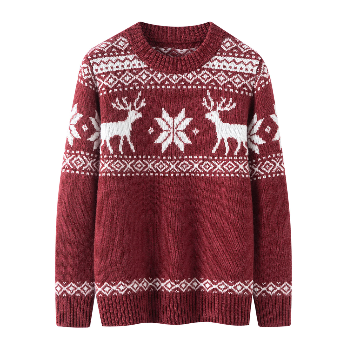儿童费尔岛小鹿提花100纯山羊绒衫女童圆领针织秋冬男童红色毛衣