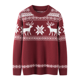 儿童费尔岛小鹿提花100纯山羊绒衫女童圆领针织秋冬男童红色毛衣