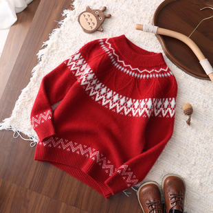 儿童红色费尔岛提花100纯山羊绒衫女童加厚针织衫男童新年红毛衣