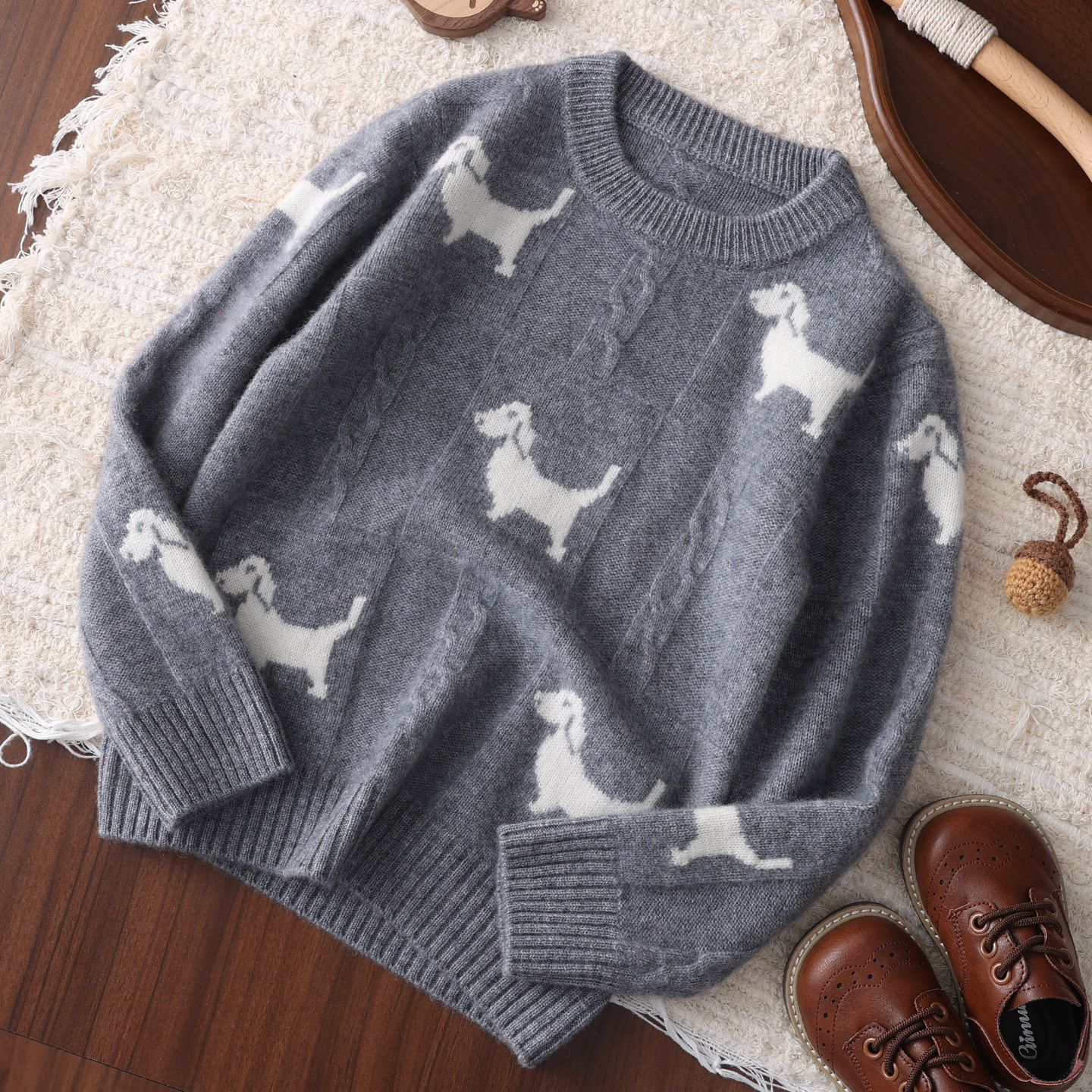 儿童小狗提花100%纯山羊绒衫男女童针织毛线衣秋冬中大童加厚毛衣