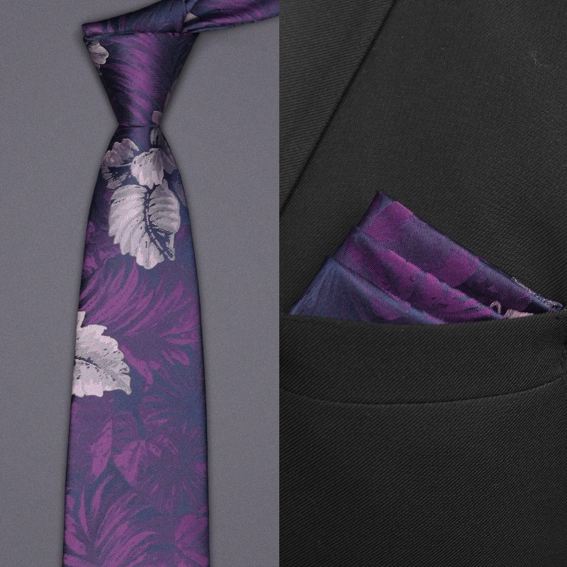 领带男正装紫色手打新郎领带高级感复古堇紫叶影商务职业绅装礼盒