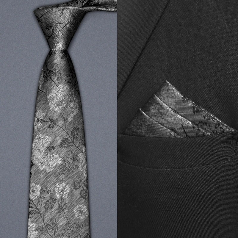 灰色领带男正装商务复古手打8CM高级感婚礼新郎结婚黑色花纹礼盒
