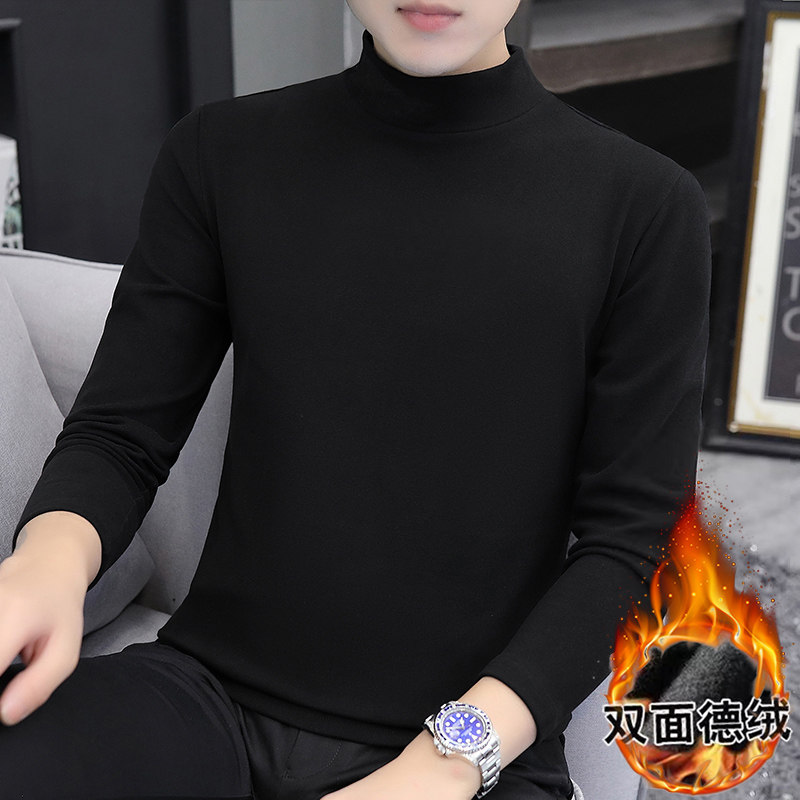 男士保暖德绒纯色秋冬季打底针织衫修身蓄热潮流内搭居家长袖T恤