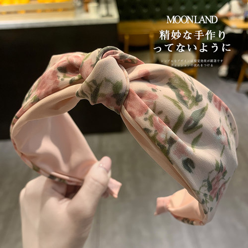 高级优雅碎花法式风打结宽边发箍