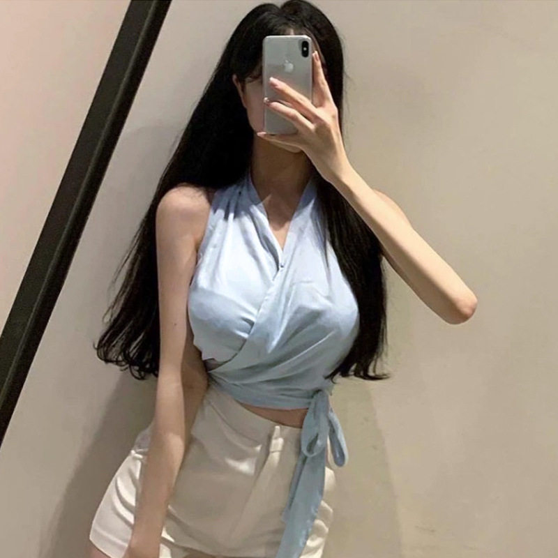 韩国东大门修身性感气质女人味绑带收腰褶皱V领短款无袖衬衫上衣